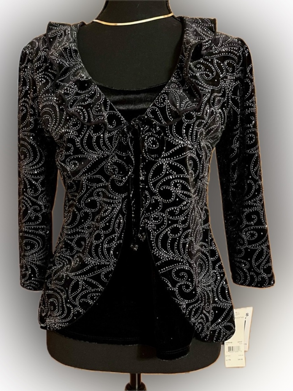 Notations NWT Black Silver Glitter Velvet Ruffle Cardigan Twofer Top Petite MP